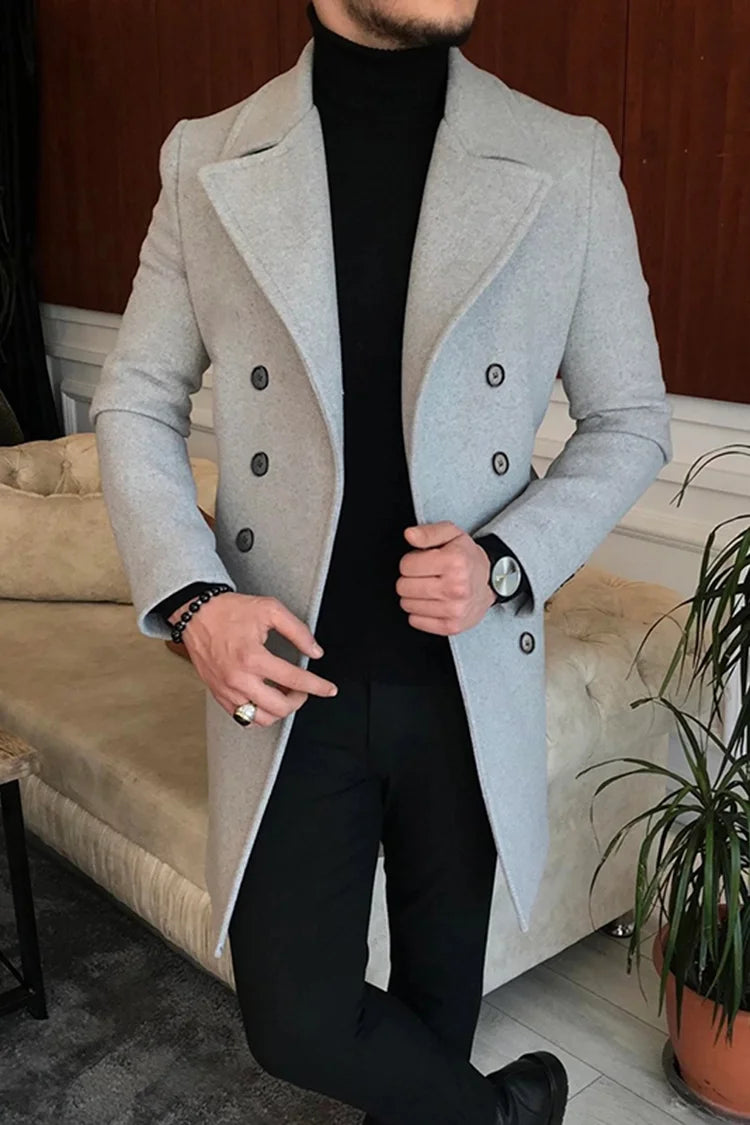 Men's Printed Long Overcoat with Lapel Collar and Button Front