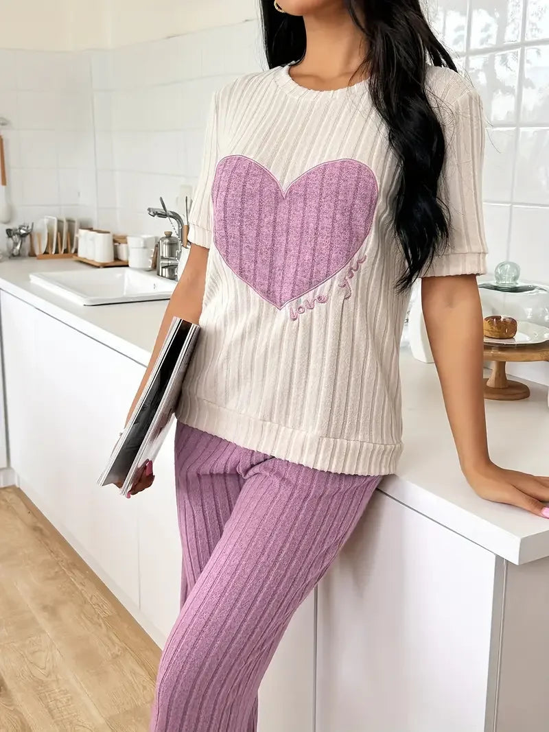 Two-Piece Pajamas Set Sleepwear Heart Print Round LADYLYS
