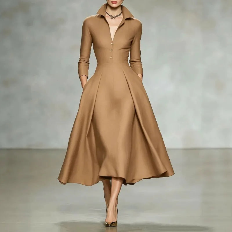 Women's Elegant V-Neck Long Sleeve Shirt Dress with Cinched Waist and Flared Skirt