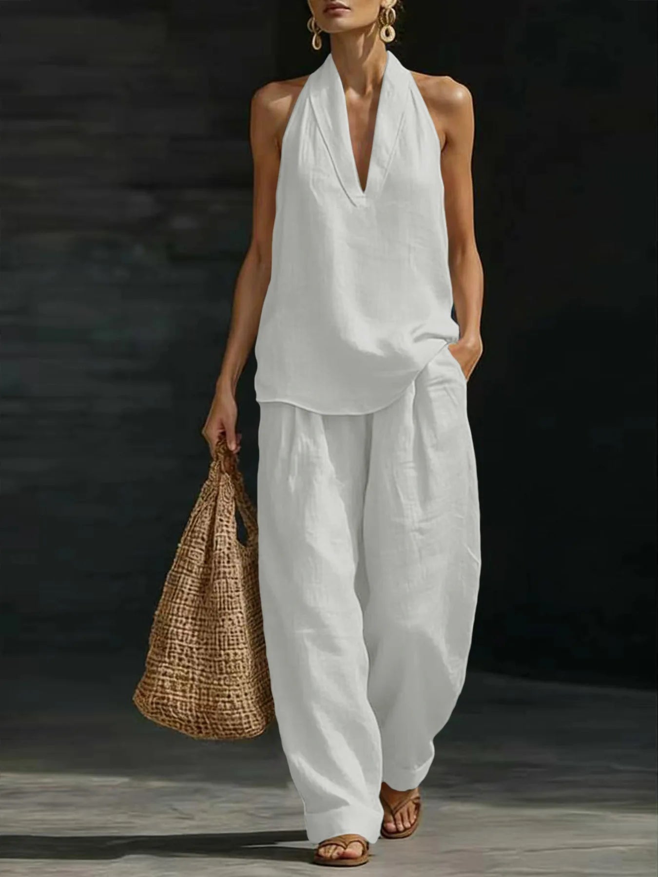 Women Linen 2 Piece Outfit Halter V Neck Sleeveless Tank Top Wide Leg Pants LADYLYS
