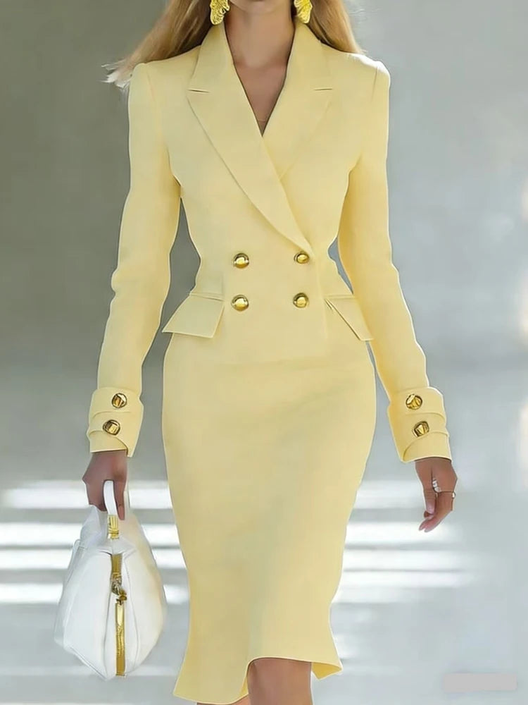 Elegant V-neck Double breasted Blazer Dress Fashion Commute Hight Waist Solid LADYLYS