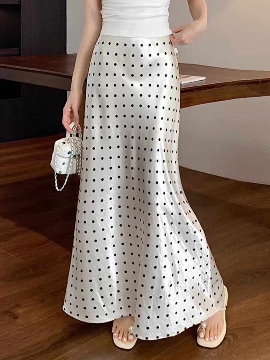 Polka Dot Acetate Satin Mermaid Maxi Skirt High-Waisted Slimming Fishtail Hem with Draped Elegance LADYLYS