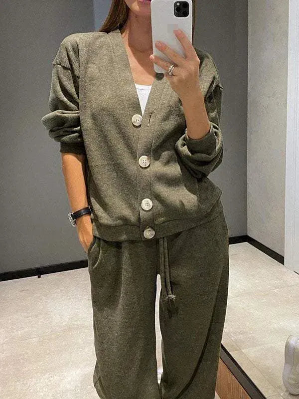Women's Button-Front Cardigan & Tie-Waist Trousers Set