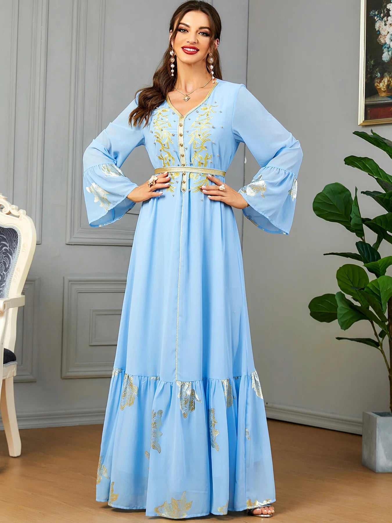 Robe longue brodée en mousseline de soie pour femme musulmane, style Ramadan Matutina-Chic