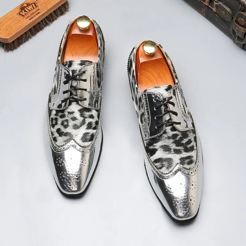 Men's Luxury Leopard Print Oxford Shoes — Gold & Silver Brogues LADYLYS