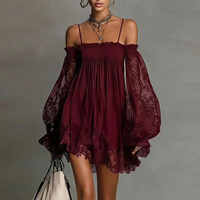 Boho Off-Shoulder Lace Mini Dress – Puff Sleeve Ruffle A-Line Party Dress