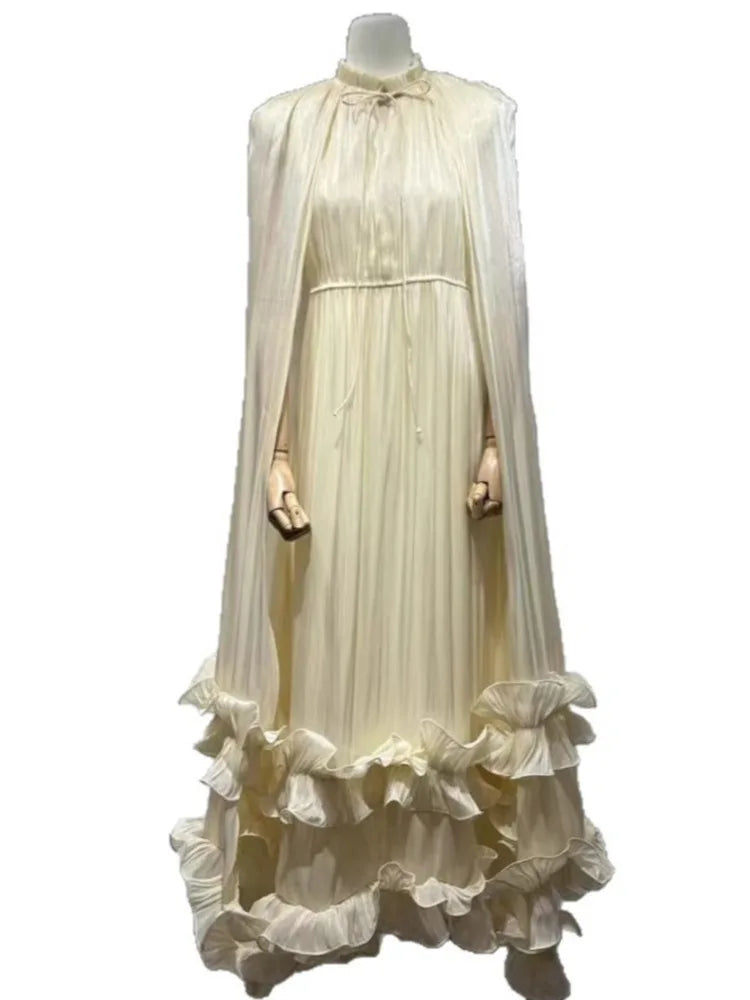Women's V-Neck Cape Sleeve Maxi Dress – Ruffle Edge, A-Line Floor-Length