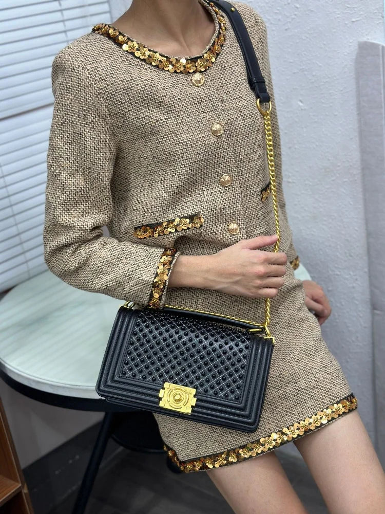 Luxury Designer Inlaid Pearls Lattice Embroidery Women's Shoulder Bag Fashion High-end Handbags Small Square Bag Versatile Purse LADYLYS