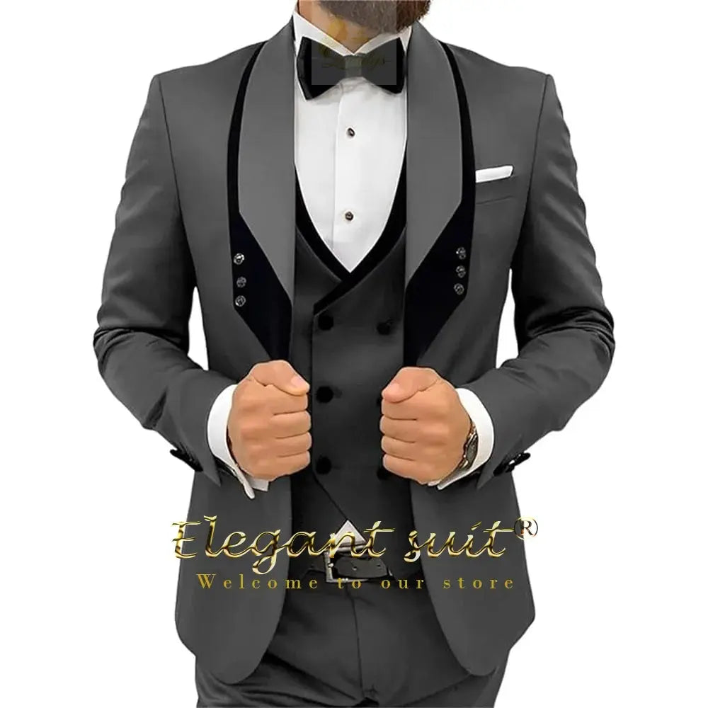 Men's black collar 3 piece suit (single button jacket vest and trousers)elegant slim fit tuxedo LADYLYS