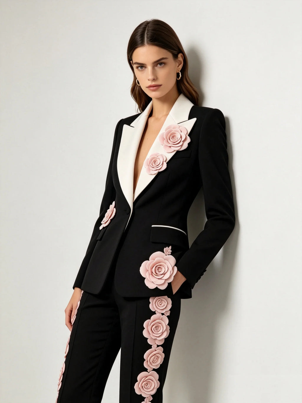 Women's Two-Piece Cotton Suit with 3D Floral Detail