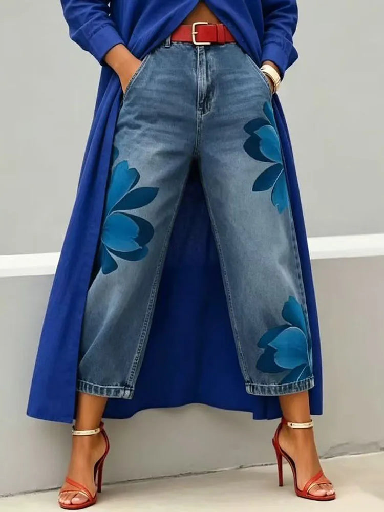Women's Chic Printed Patchwork Straight Trousers | Loose Office Casual Pants