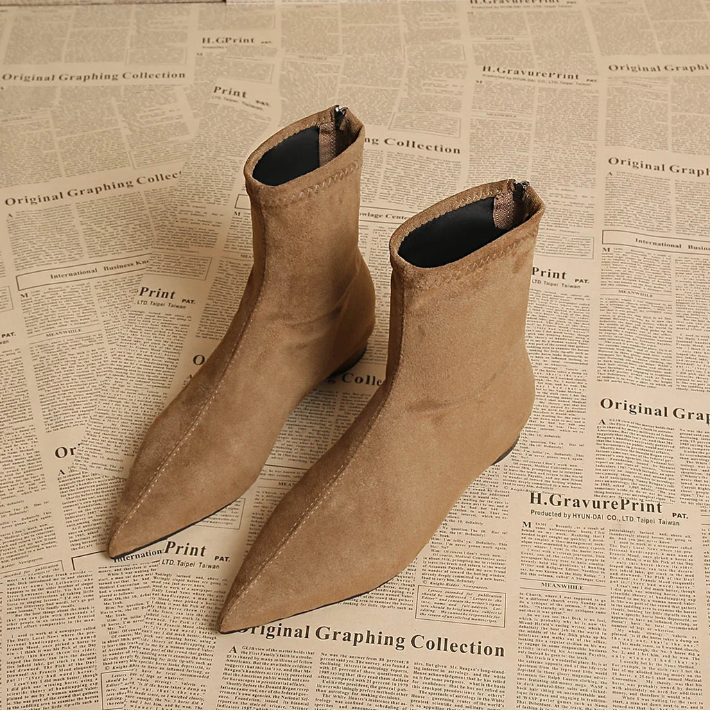 Women's Faux Suede Pointed Toe Mid-Calf Boots – Warm Flannel Lining, Low Heel