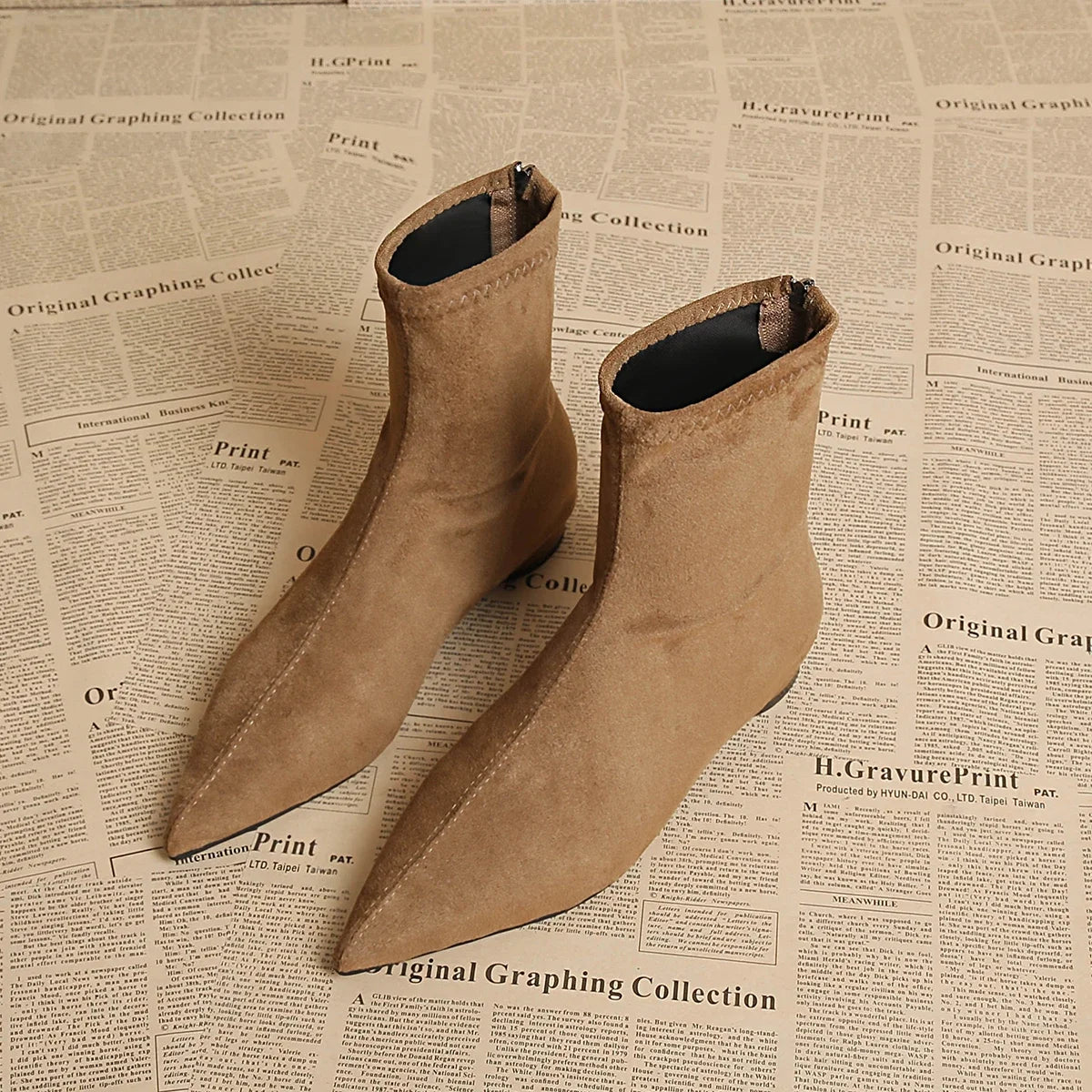 Women's Faux Suede Pointed Toe Mid-Calf Boots – Warm Flannel Lining, Low Heel
