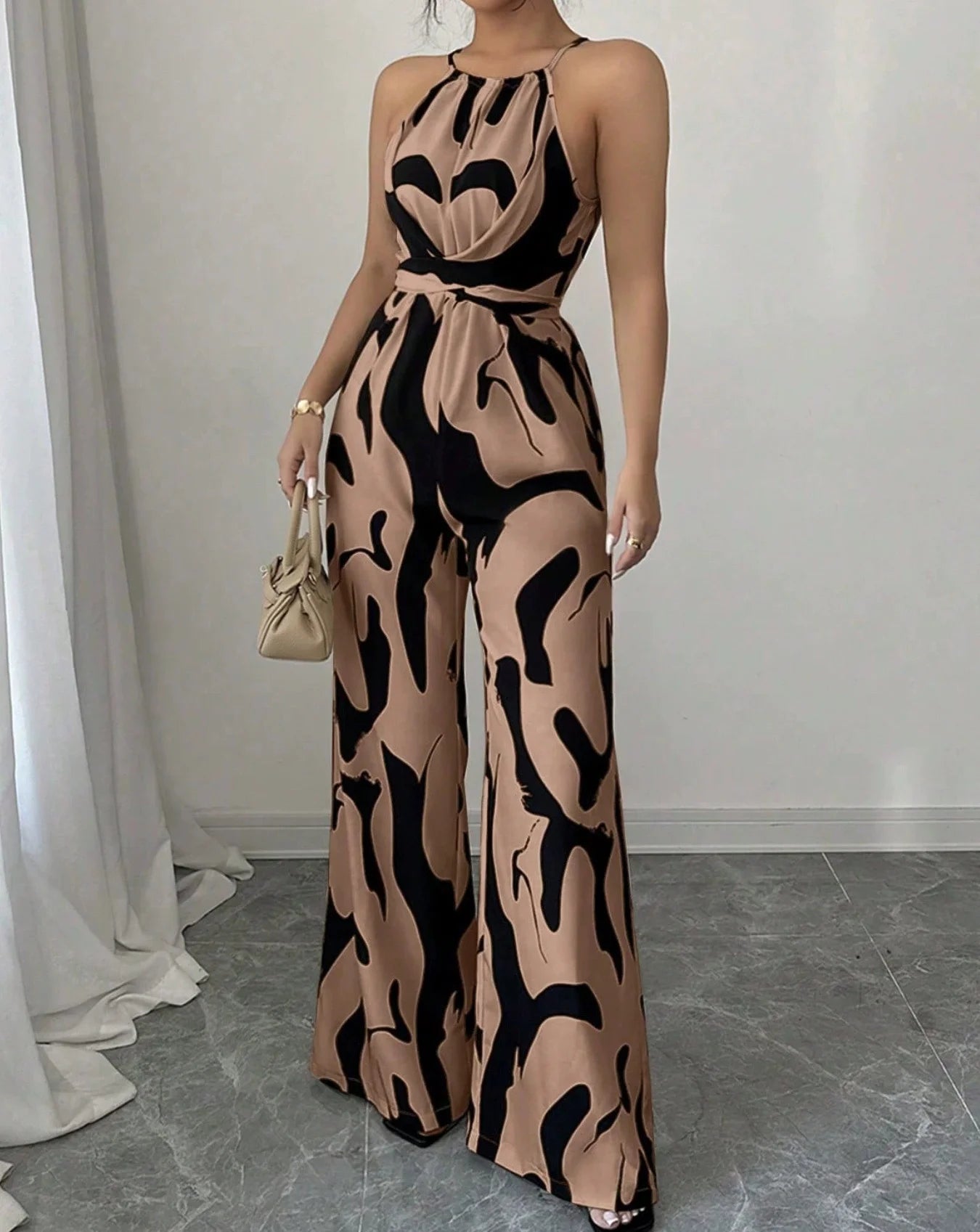 Retro versatile lace up waist slimming and high-end printed hanging neck jumpsuit LADYLYS