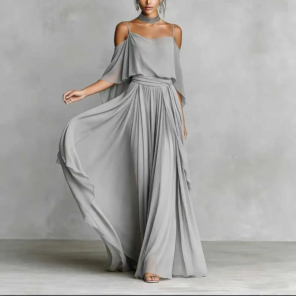 Summer Fashion Solid Chiffon Dress Elegant Off Shoulder Strap Bat Sleeve High Waist Long Dress Women Wedding Guest Outfits LADYLYS