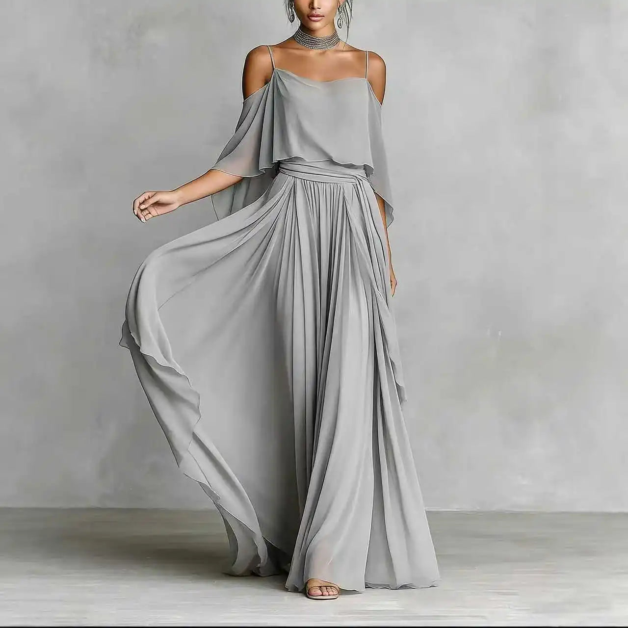 Summer Fashion Solid Chiffon Dress Elegant Off Shoulder Strap Bat Sleeve High Waist Long Dress Women Wedding Guest Outfits LADYLYS