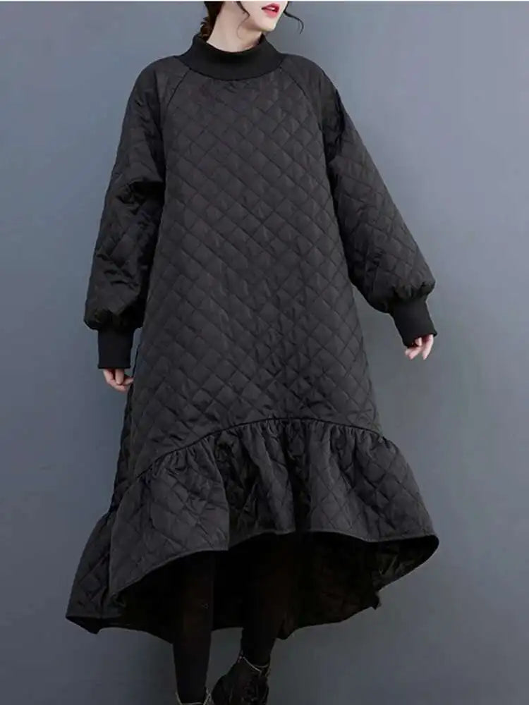 Women's Black Long Sleeve Fishtail Midi Dress with Round Neck