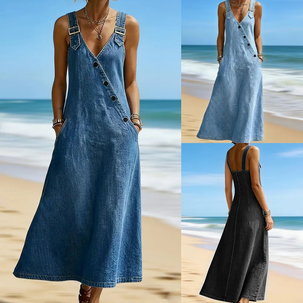 Women Denim Suspender Dress Sleeveless Overall Dresses Distressed Backless V Neck Button Washed Vestidos Summer Sundress A Line LADYLYS