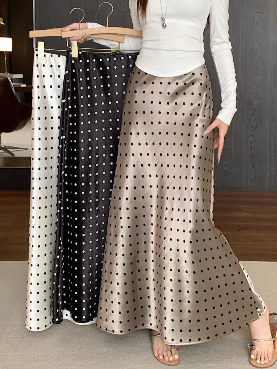 Polka Dot Acetate Satin Mermaid Maxi Skirt High-Waisted Slimming Fishtail Hem with Draped Elegance LADYLYS