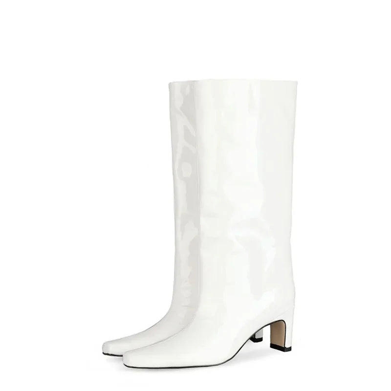 Women's Patent Leather Knee-High Boots – Thick Square Heel Slip-On Winter Boots in 21 Colours