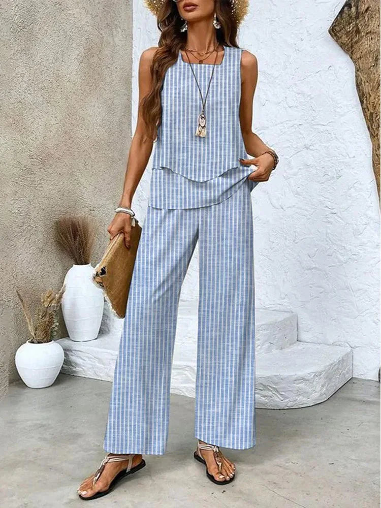 Summer Print Women Two Piece Set Fashion Top Sleevelss Elegant Suits LADYLYS