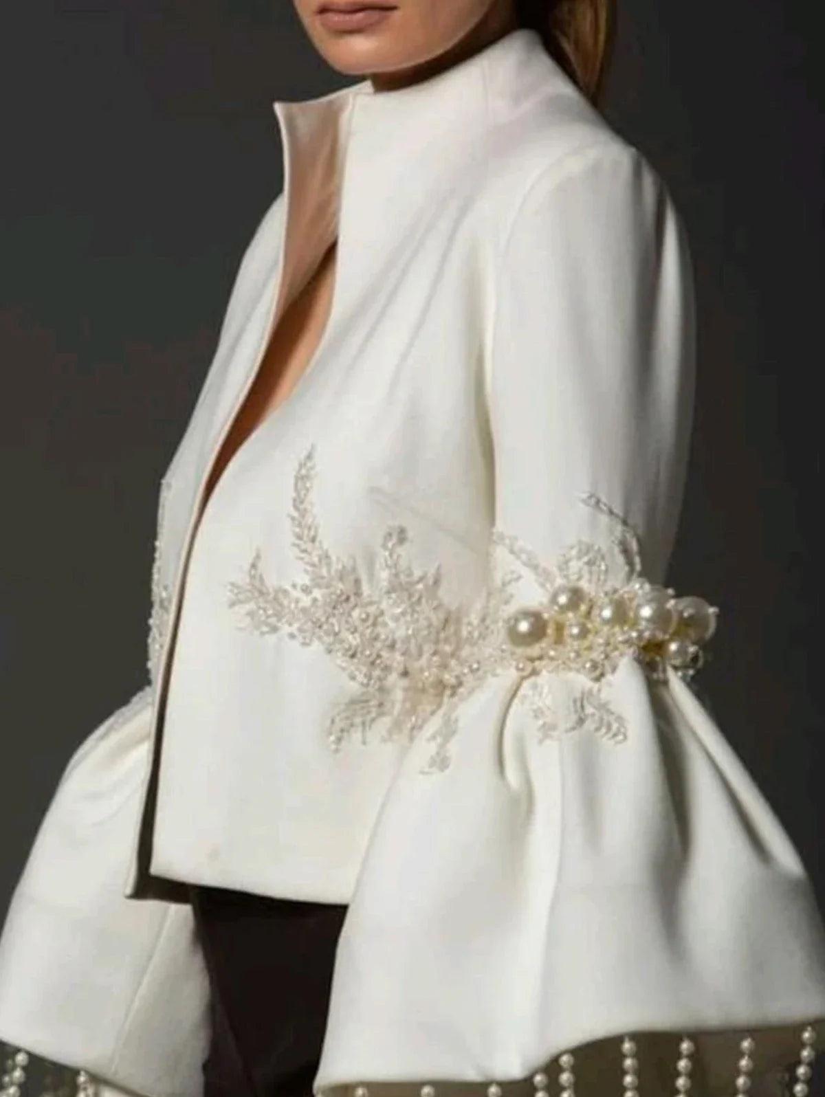 Pearl Tassel Jacket Fashion Elegant Stand Collar Pearl Fringed Decor Embroidery Flare LADYLYS