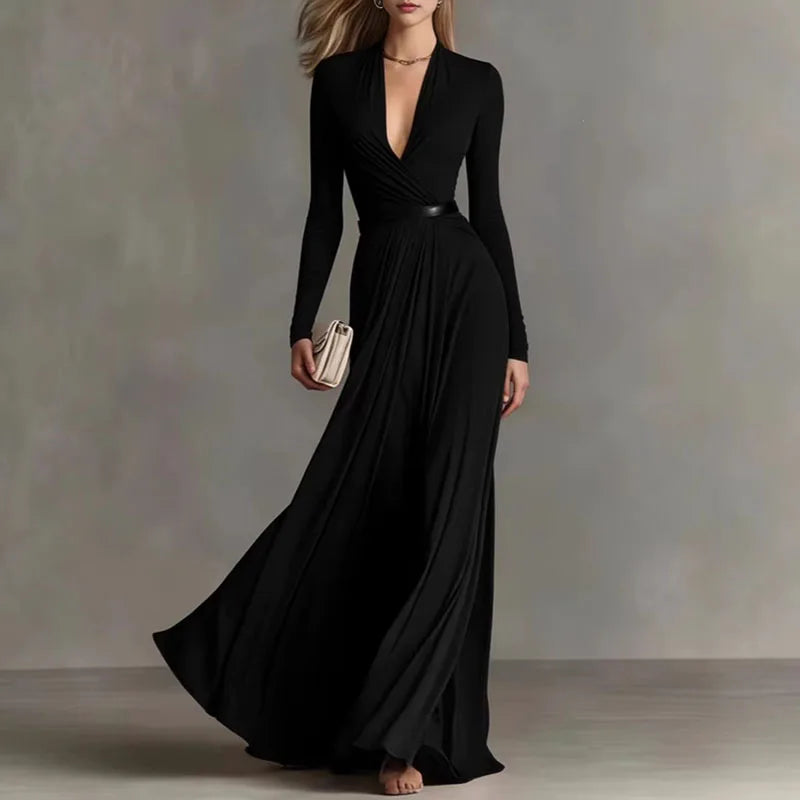 Women's Elegant Deep V-Neck Maxi Dress with Long Sleeves and Ruched Tie Waist