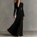 Women's Elegant Deep V-Neck Maxi Dress with Long Sleeves and Ruched Tie Waist