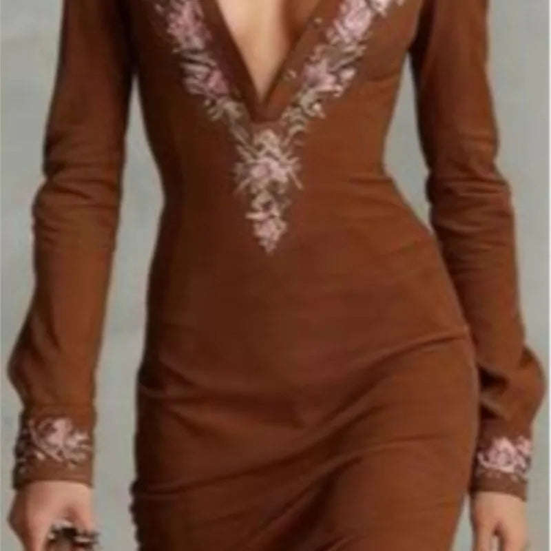 Embroidered Slim Fit Knee-Length Dress – V-Neck Long Sleeve | Elegant Evening & Y2K Style