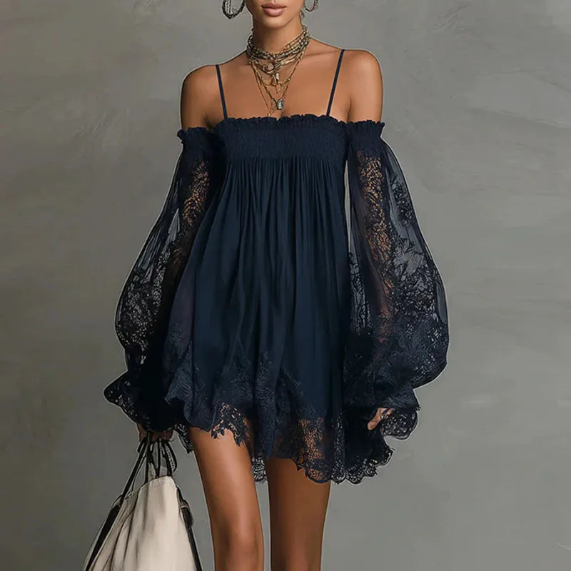 Boho Off-Shoulder Lace Mini Dress – Puff Sleeve Ruffle A-Line Party Dress