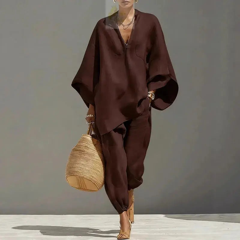 Female Clothing Two Piece Set Spring V Neck Loose Top Pullover & Long Pants Vintage LADYLYS