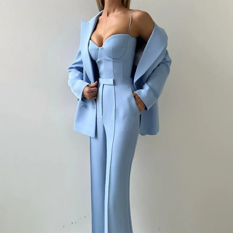 New Light Blue Emerald Violet Color Options Strapless Top Flare Pants Blazer Suit Temperament Commute Three Piece Women Outfit LADYLYS
