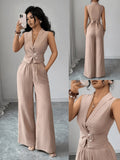 2 Piece Outfits Summer Sleeveless Wrap V Neck Crop Top Wide Leg Pants LADYLYS