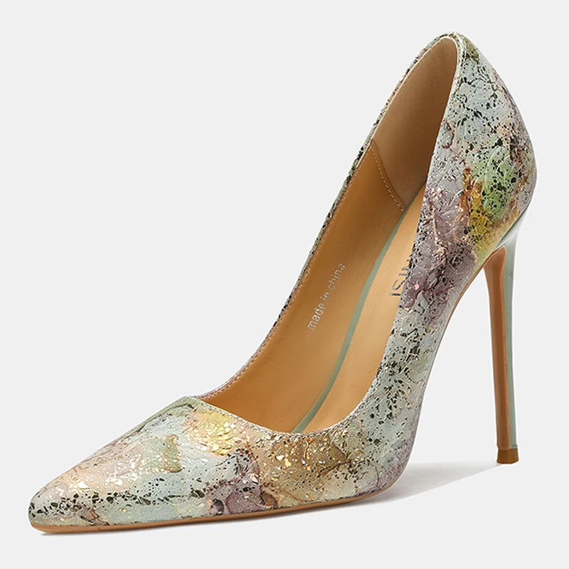 Women Cowhide High Heel Shoes Printed Leather Versatile Pumps LADYLYS
