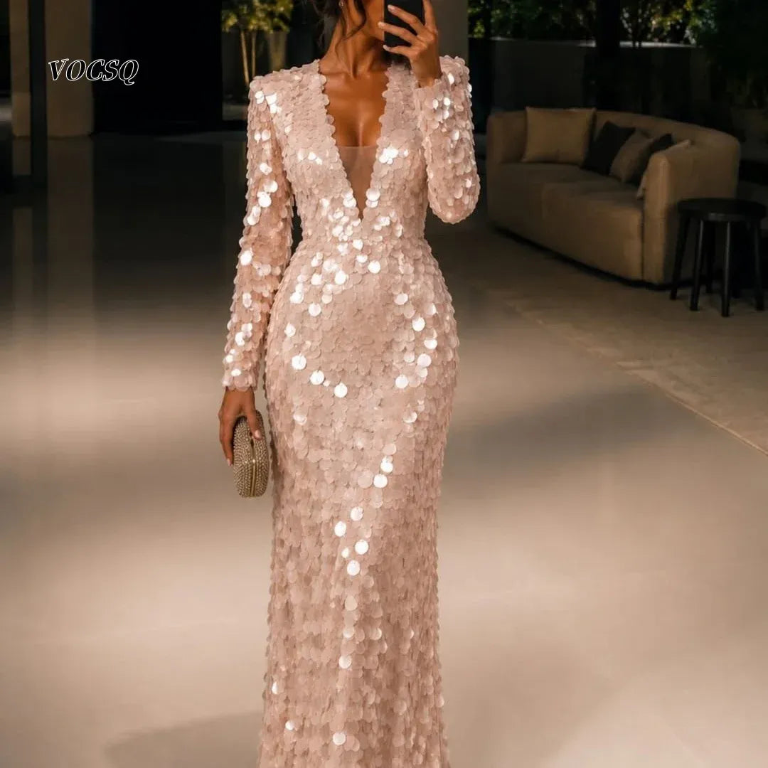 Long-Sleeve V-Neck Sequin Mermaid Evening Gown