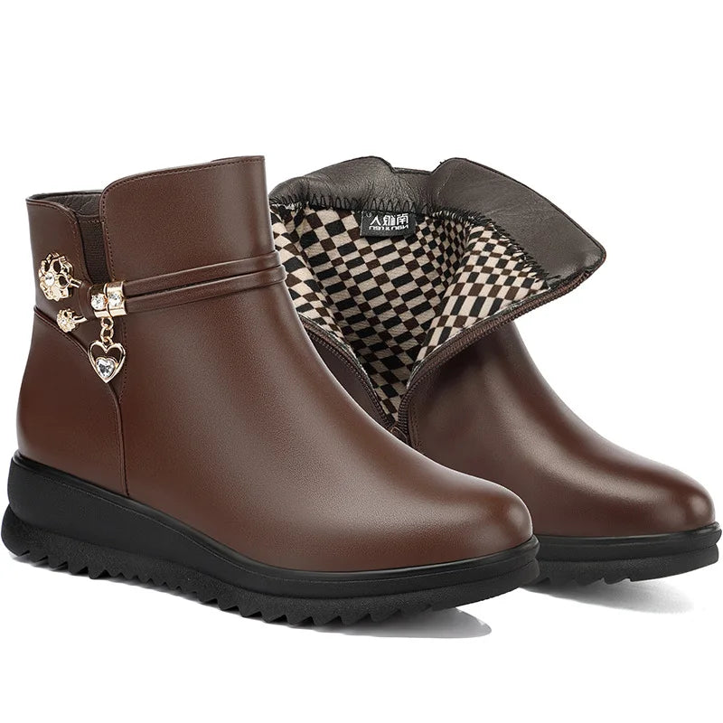 Women's Rhinestone Ankle Boots – Plush-Lined Zip-Up Low Heel Booties