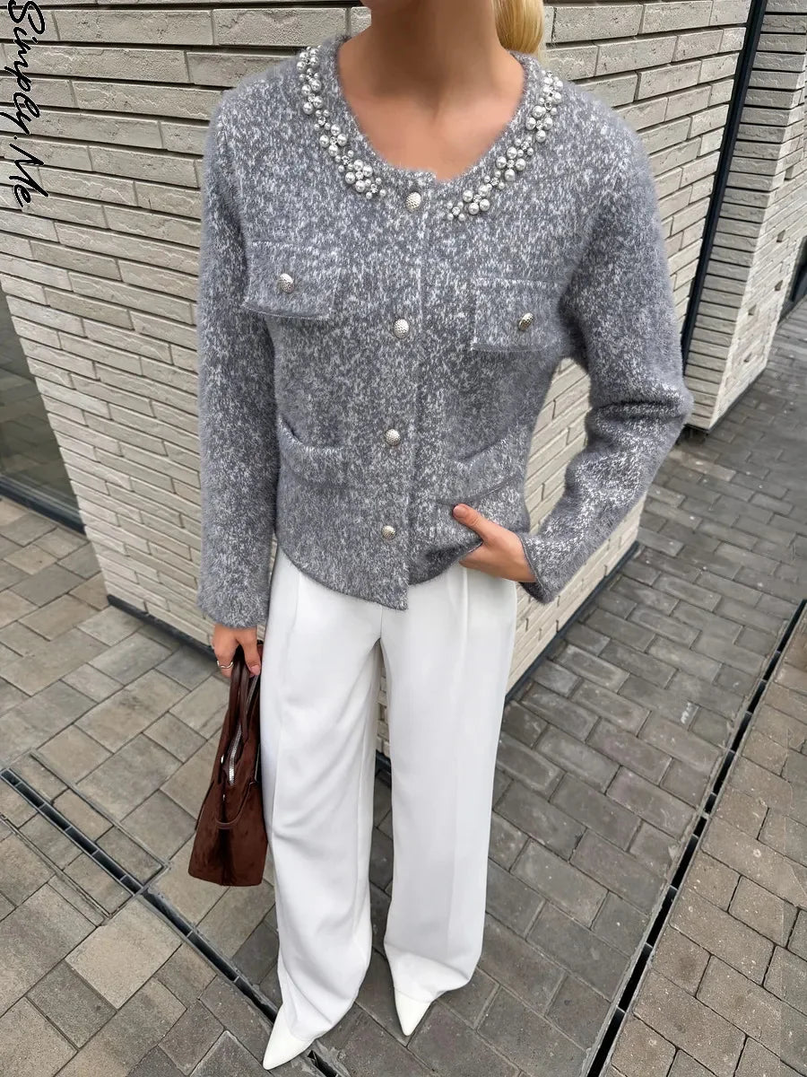 Women's Grey Knit Cardigan with Faux Fur Collar and Pearl Trim