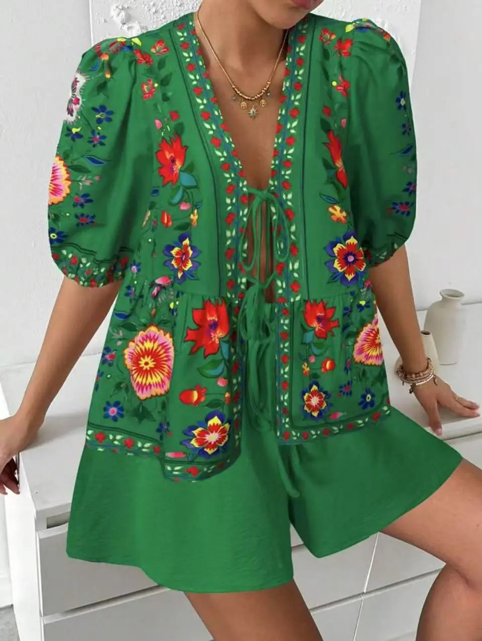 Printed Cardigan Short-sleeved Top Shorts 2-piece Set LADYLYS