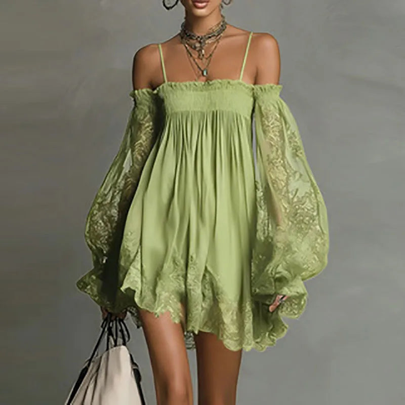 Boho Off-Shoulder Lace Mini Dress – Puff Sleeve Ruffle A-Line Party Dress