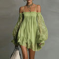 Boho Off-Shoulder Lace Mini Dress – Puff Sleeve Ruffle A-Line Party Dress