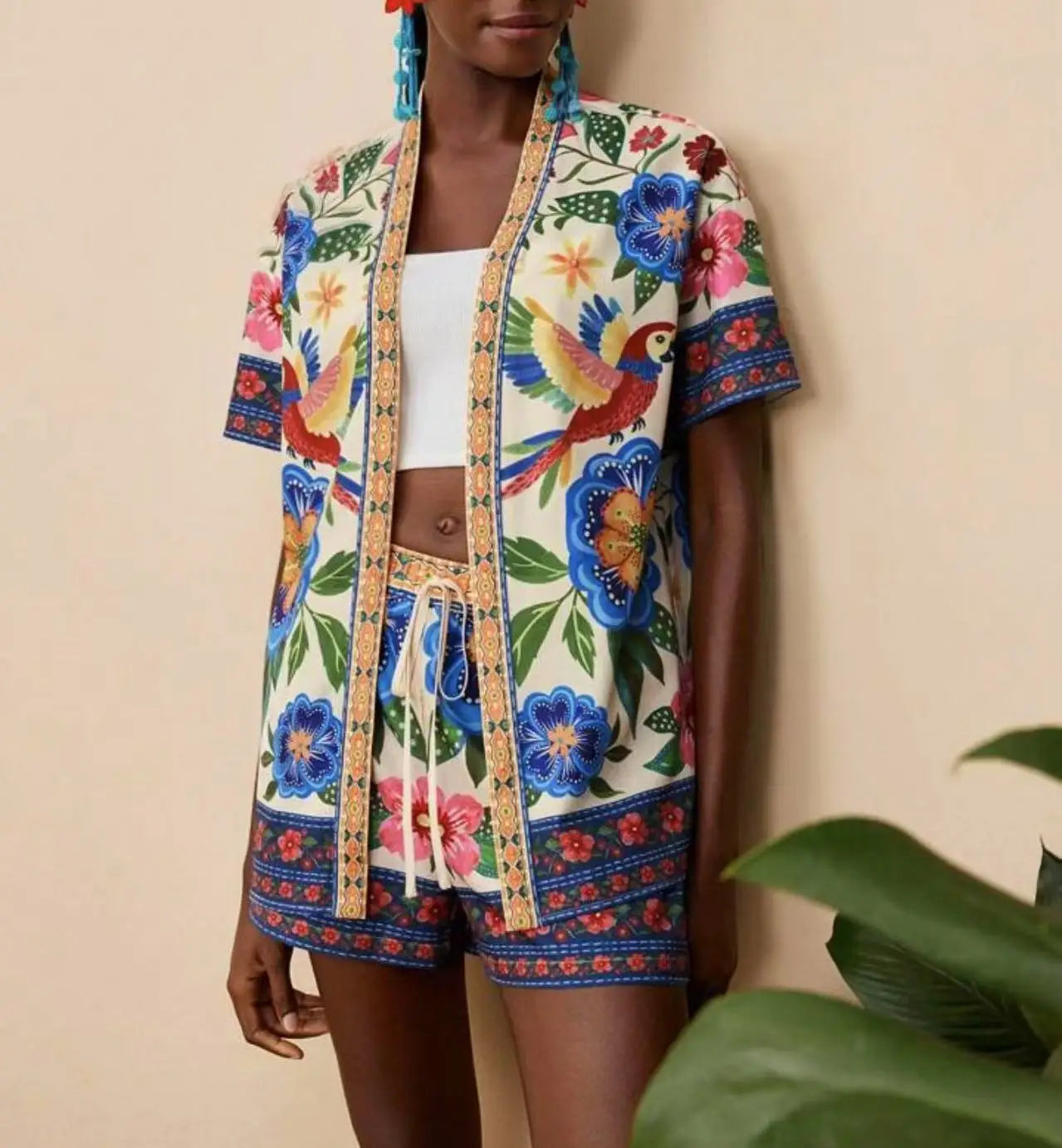 Casual Printed Cardigan Short-sleeved Top Shorts Two-piece Set LADYLYS