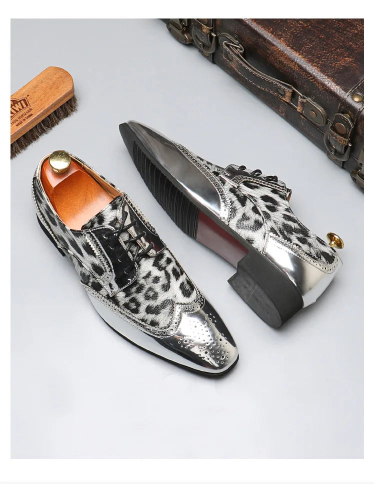 Men's Luxury Leopard Print Oxford Shoes — Gold & Silver Brogues LADYLYS