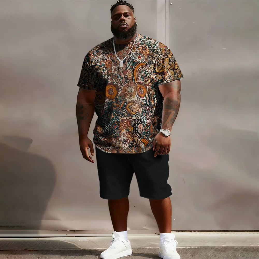 Men's Tiki Totem Print T-Shirt & Shorts Set, Tropical & Summer Style LADYLYS