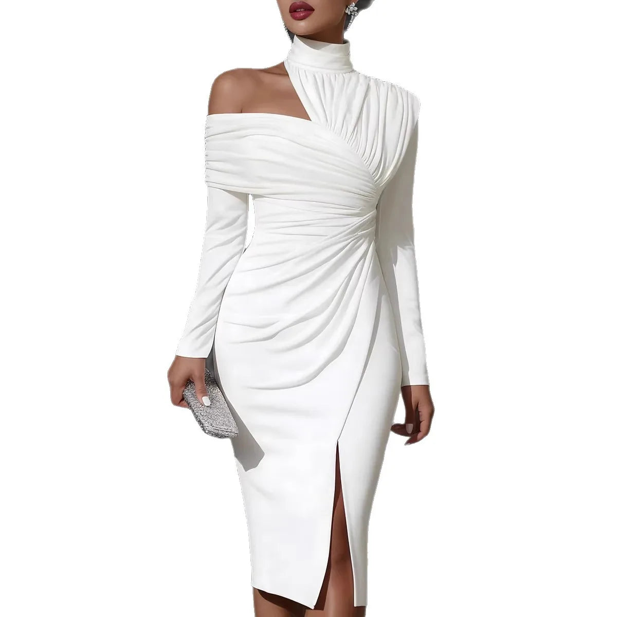 Off-Shoulder Slit Midi Dress – Elegant Long-Sleeve Solid Color Women's Dress