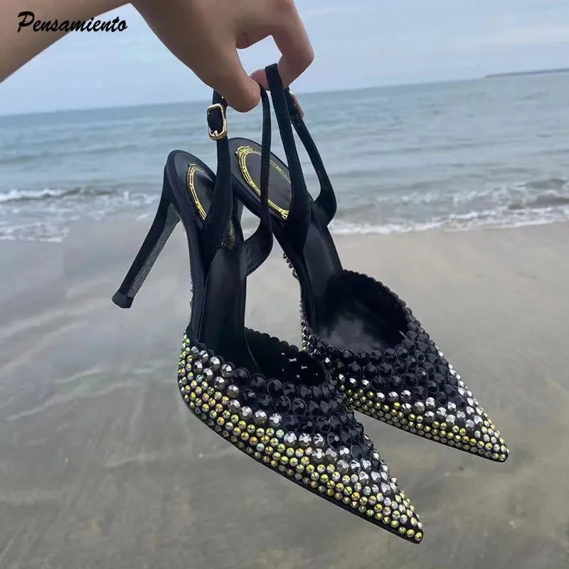Luxury Rhinestones Gradient Slingbacks Women Pumps Fashion Bling Crystal LADYLYS