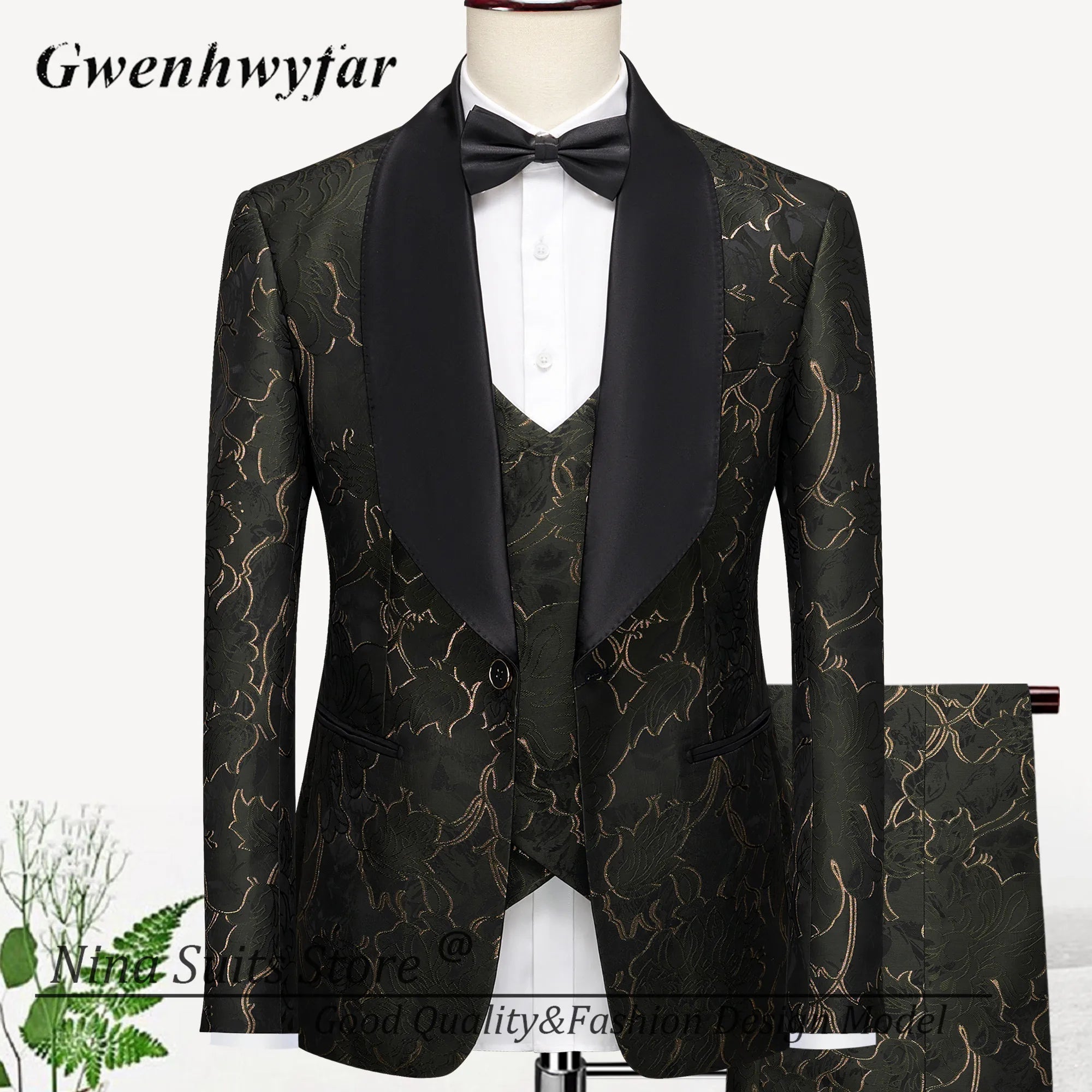 Men Suits Cashew Flower Jacquard Tuxedos Groom Wear Formal Party Suit LADYLYS