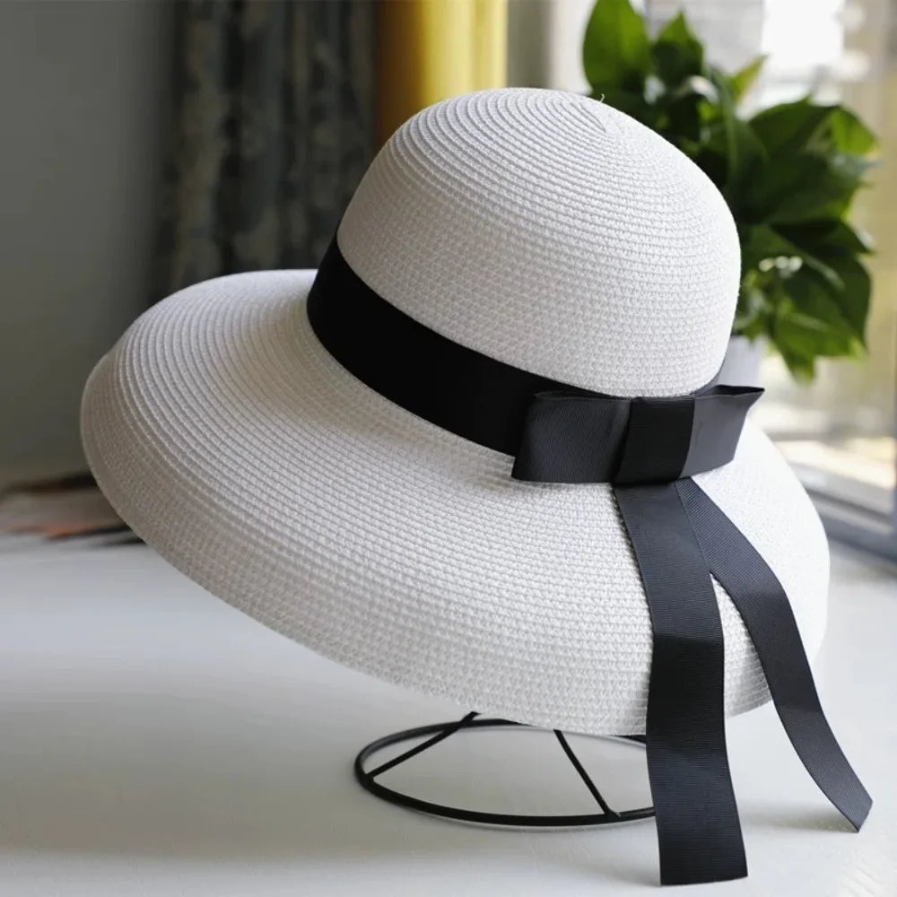 Vintage Breathable Straw Hat Black Ribbon Large Brim Sunshade Hat UV Protection Sun Hat Women LADYLYS