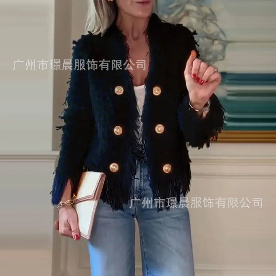 Solid Coats Fringe Short Jacket Tassel Long Sleeves V Neck Single Breasted LADYLYS