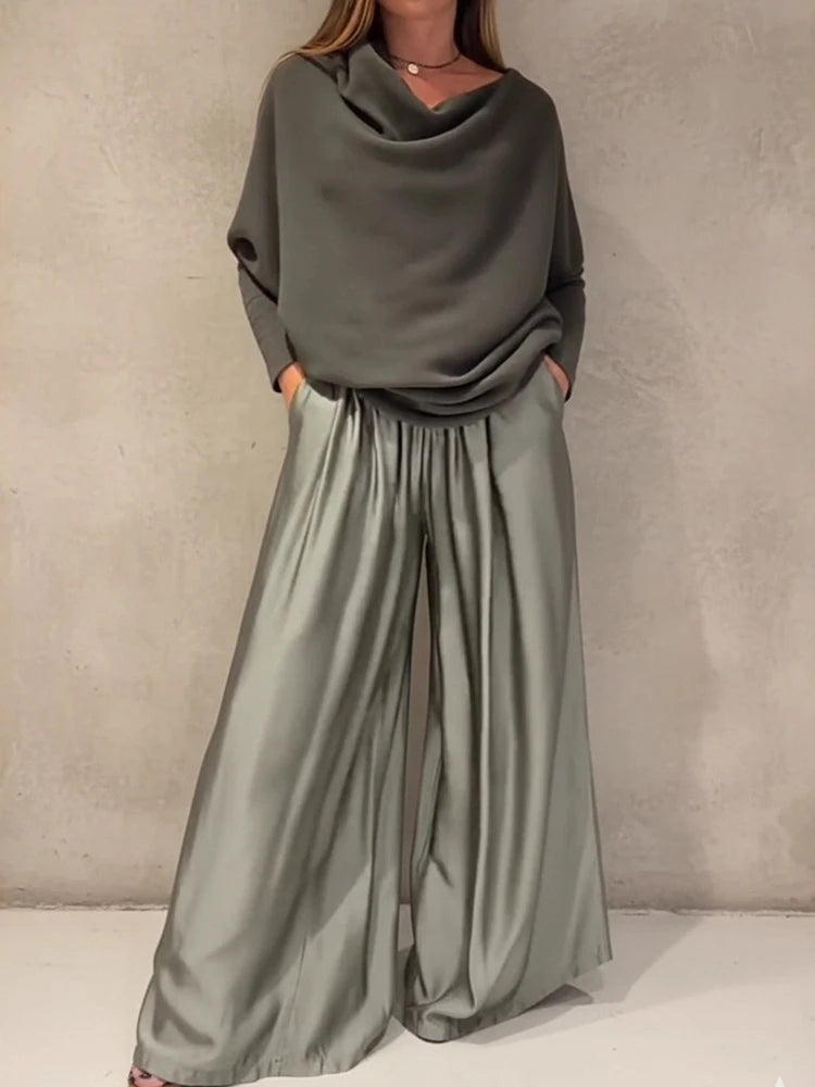 Elegant Slash Collar Off Shoulder Top&Satin Wide Leg Pants Sets Fashion Irregular Solid LADYLYS