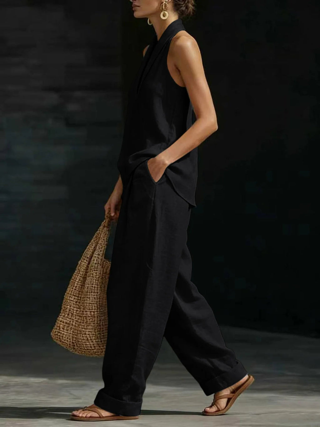 Women Linen 2 Piece Outfit Halter V Neck Sleeveless Tank Top Wide Leg Pants LADYLYS